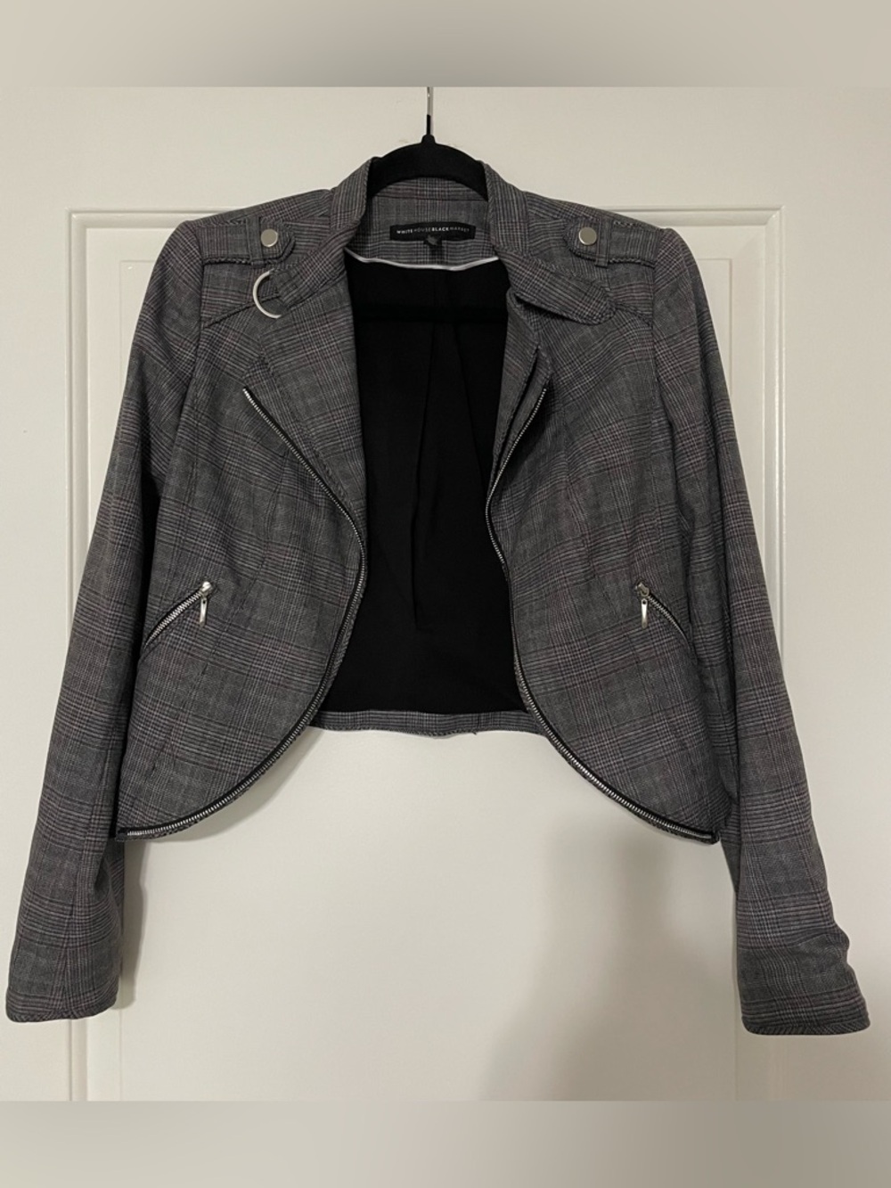 White House Black Market plaid moto jacket, Size 4